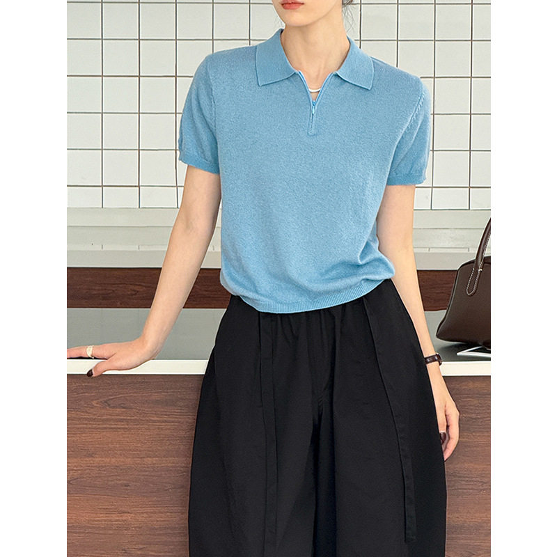 橘芷早秋新款针织半拉链正肩短袖T恤女小个子别致宽松上衣571