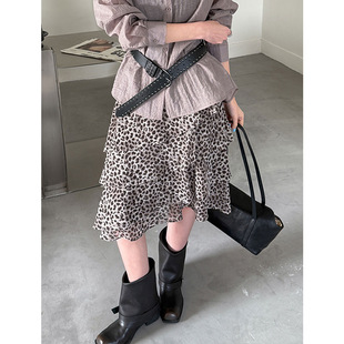 橘芷春夏新款 韩系豹纹辣妹半身裙复古荷叶边9010