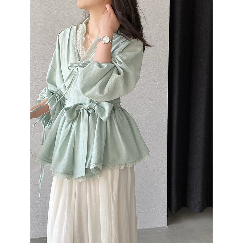 江左 颜色赢麻了 法式重工绑带衬衫女春装V领蕾丝拼接衬衣女6507