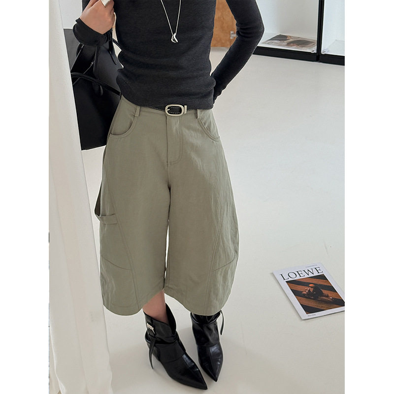 橘芷秋季新品上新韩系休闲灰色大口袋工装七分阔腿裤女7018-1