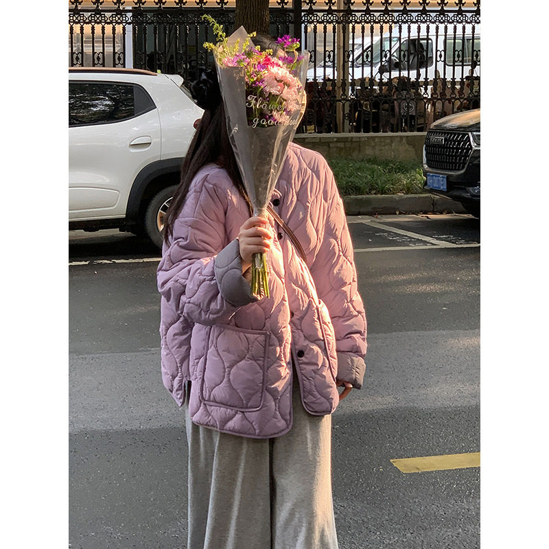 江左 暖冬小紫包 韩系温柔菱格轻薄保暖棉衣女复古撞色棉服7017