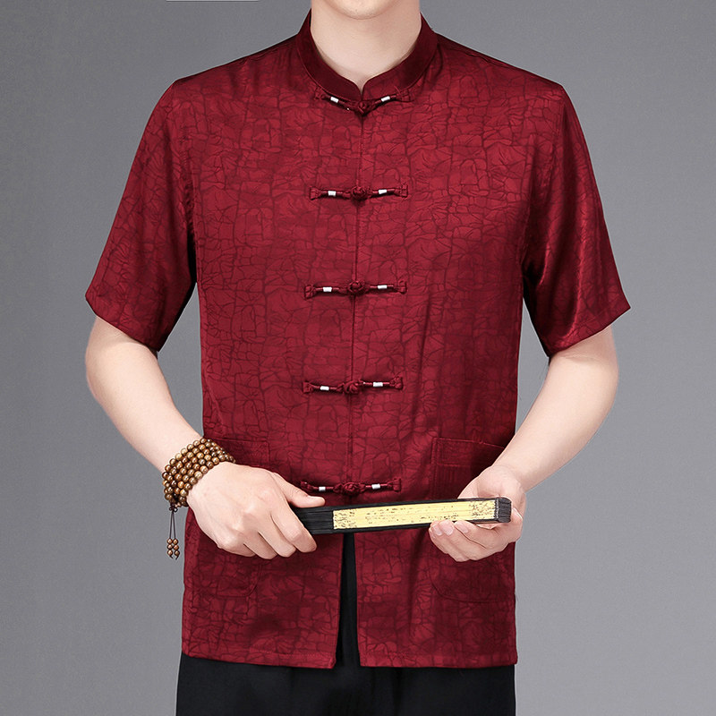 중년 및 노인 남성을위한 당나라 정장 남성 여름 옷 중국 스타일 면화 및 린넨 옷 할아버지 반팔 HANFU 아빠 여름 정장
