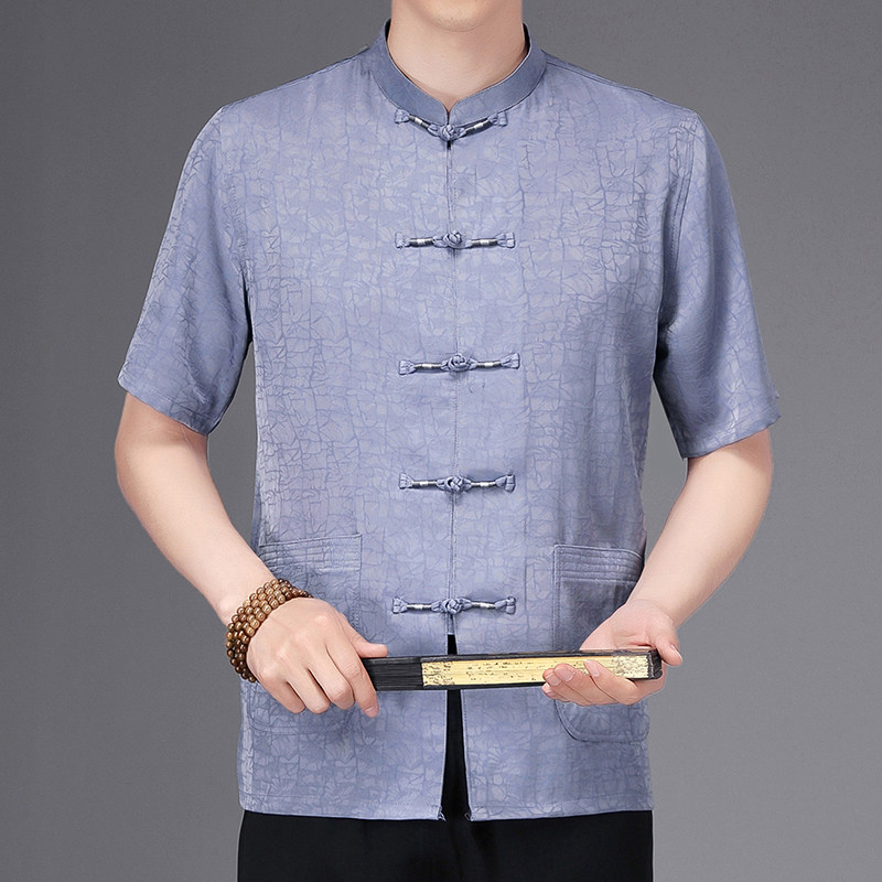 중년 및 노인 남성을위한 당나라 정장 남성 여름 옷 중국 스타일 면화 및 린넨 옷 할아버지 반팔 HANFU 아빠 여름 정장