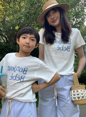 jooca 童装bonjour法棍图案百搭轻柔T恤棉夏季新款亲子装短袖上衣