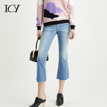 icy春季新款2019复古风修身九分喇叭裤微喇裤子女磨白牛仔裤新款