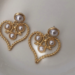 耳边铛89风吹半夏赵丽颖同款巴洛克爱心珍珠耳环气质复古耳饰耳夹