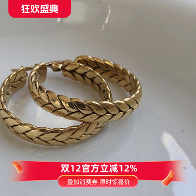 耳边铛35麦穗钛钢宽边金色耳圈