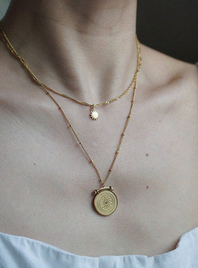 欧美复古钛钢太阳双层中古感项链