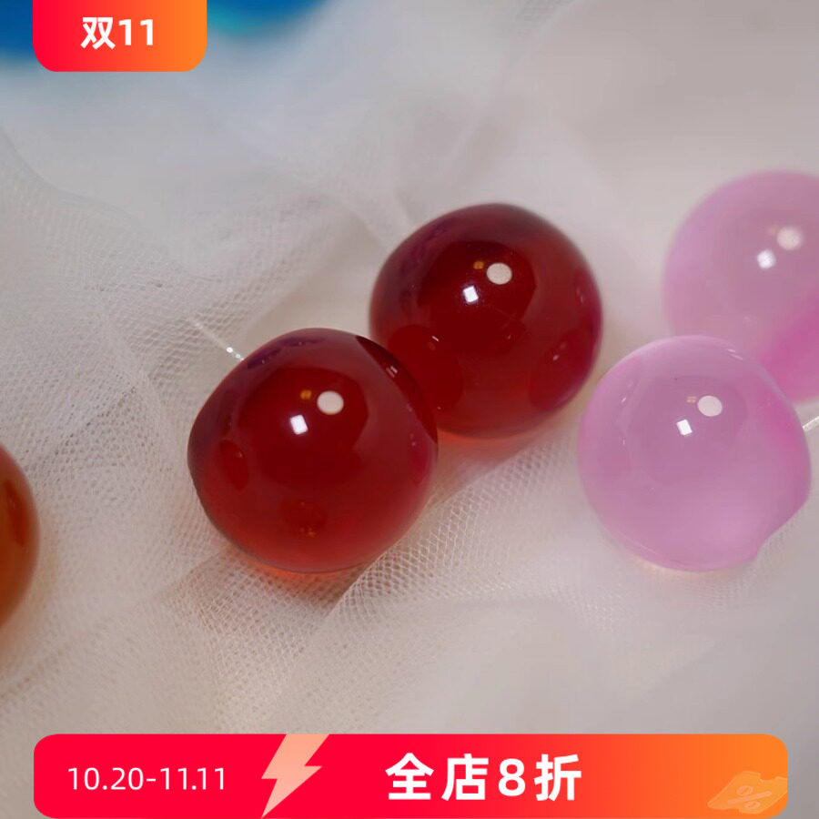 耳边铛383桃子汽水透明圆球耳环红色圆形925银针蓝色耳钉耳饰耳夹