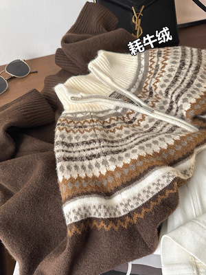 国内糕端！3999+！ 冬季时尚百搭半拉链费尔岛提花长袖针织毛衣女