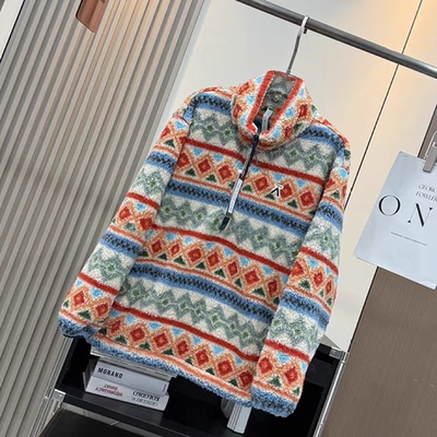 大厂订单2025冬季新款情侣费尔岛提花半拉链立领加厚保暖长袖外套