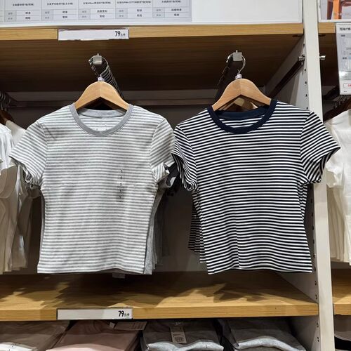日单！条纹圆领T恤短袖迷你修身打底百搭476856 474410 476602