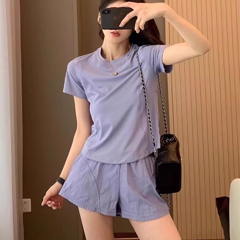LU家同款~后背网纱设计透气速干休闲运动短袖T恤短裤瑜伽套装女夏