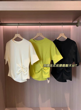 客供日本三醋酸 立裁设计感开叉扭结捏褶收腰显瘦天丝T恤上衣女夏