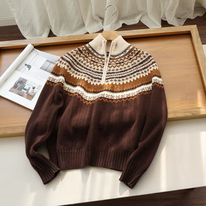 国内糕端！3999+！ 冬季时尚百搭半拉链费尔岛提花长袖针织毛衣女,女装/女士精品,羊绒衫,淘宝优惠券,粉丝福利购,淘宝优惠卷