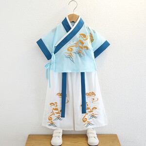 汉服男童中国风薄款短袖长裤宝宝中秋演出服装儿童唐装套装三件套