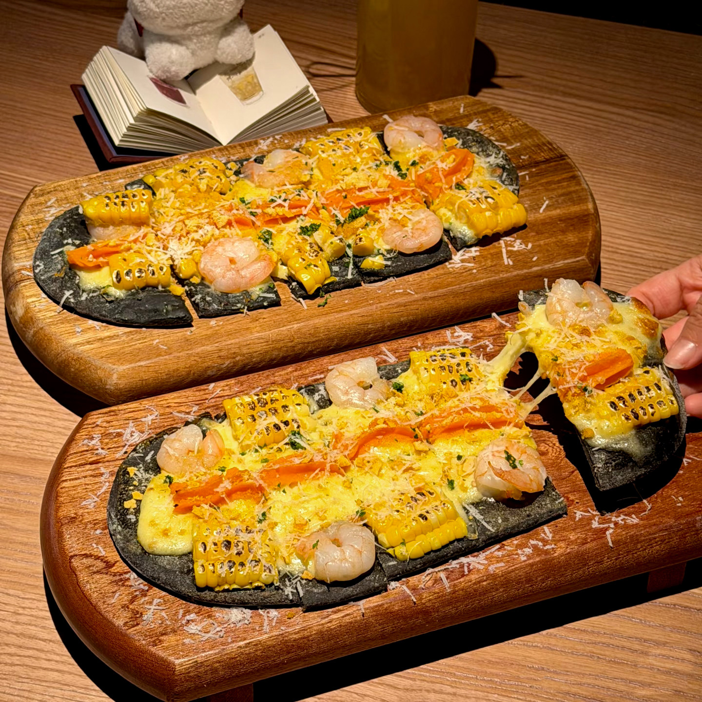 韩餐料理podo同款披萨架托盘实木板凳造型长条形披萨堂食餐具展示