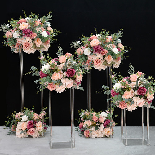 新款婚庆道具亚克力路引花艺婚礼舞台装饰摆件水晶柱子仿真假花