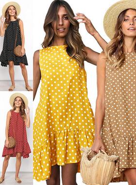 9546#速卖通2020亚马逊爆款圆领无袖波点宽松大摆荷叶边连衣裙