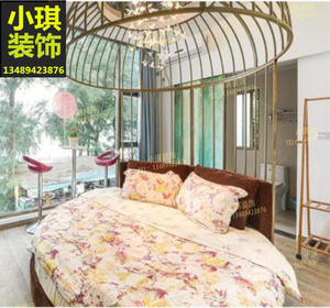 创意主题房间宾馆大型金属装饰欧式铁艺鸟笼圆床公主双人婚床包邮