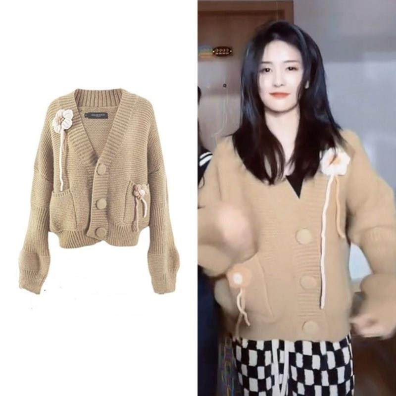 抖音白鹿同款衣服女明星宽松卡其色毛衣针织衫开衫外套上衣外穿潮