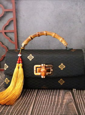 手工原创古典手提包黑色几何纹旗袍包优雅气质晚宴包流苏波士顿包