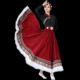 藏族舞蹈演出服装 连体上衣藏族半身裙大摆裙藏族艺考练习裙 女水袖