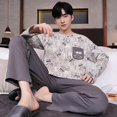 100%纯棉长袖男士睡衣秋冬季圆领套头休闲宽松可爱外穿家居服套装