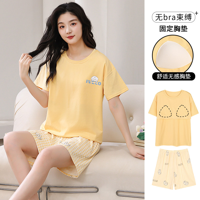 100%纯棉胸垫款短袖短裤睡衣女夏
