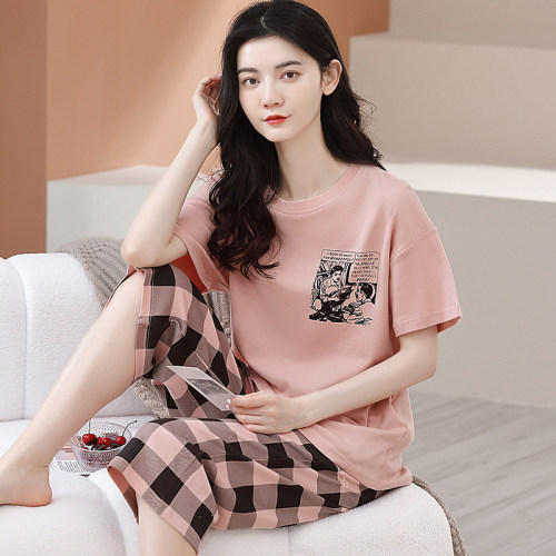 100%纯棉短袖七分裤睡衣女夏