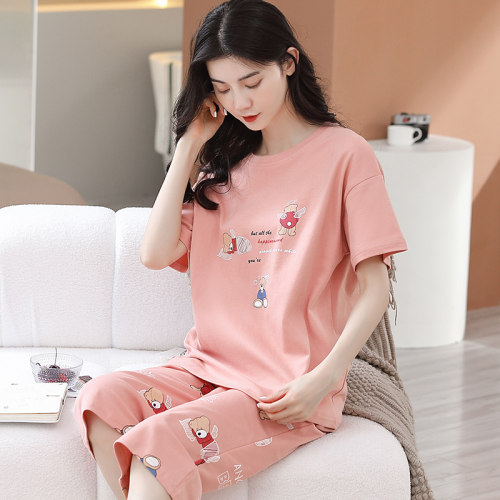 可外穿纯棉短袖七分裤睡衣女