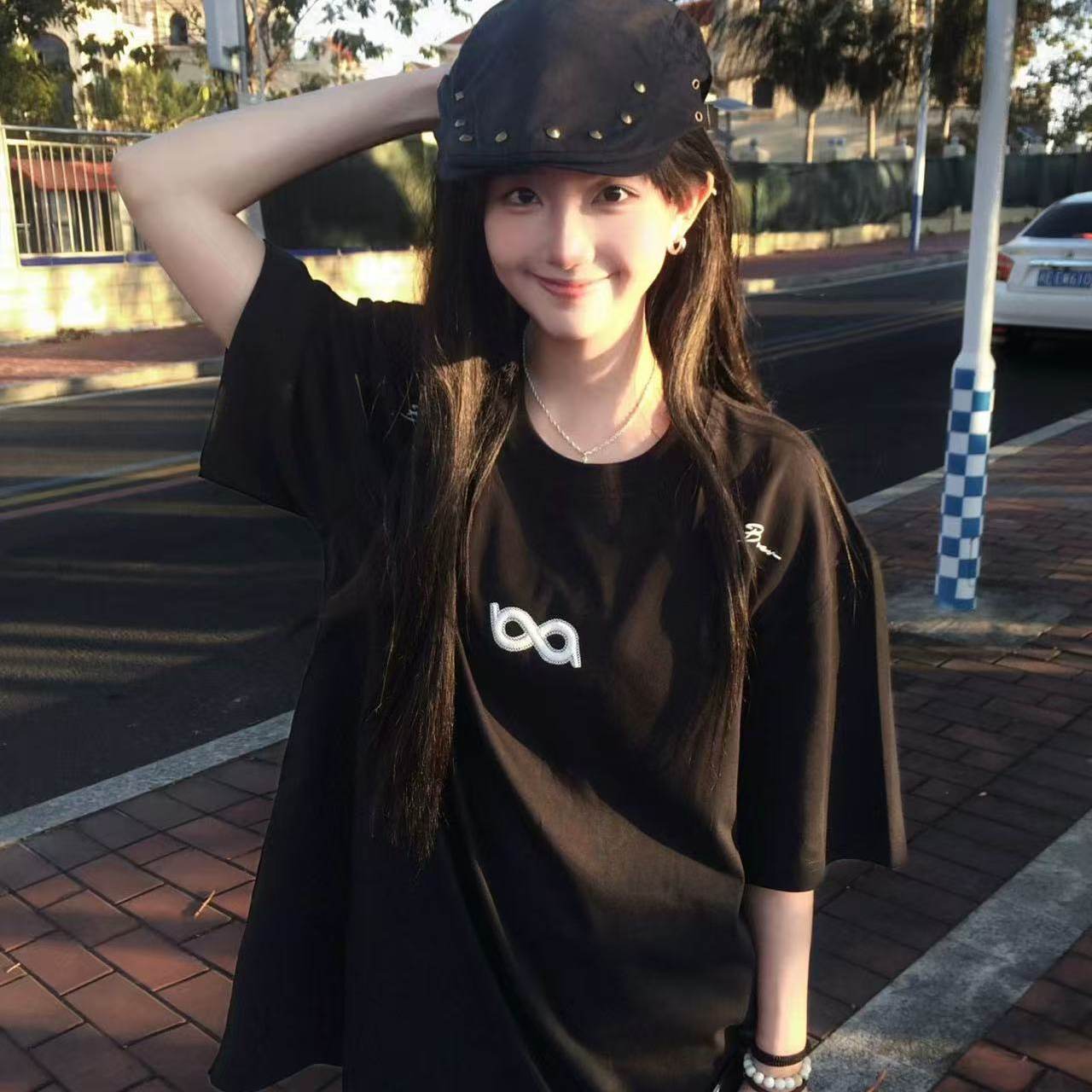 黑色正肩纯棉刺绣短袖t恤女2026夏季新款宽松高街潮牌情侣上衣女