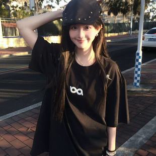 黑色正肩纯棉刺绣短袖t恤女2026夏季新款宽松高街潮牌情侣上衣女