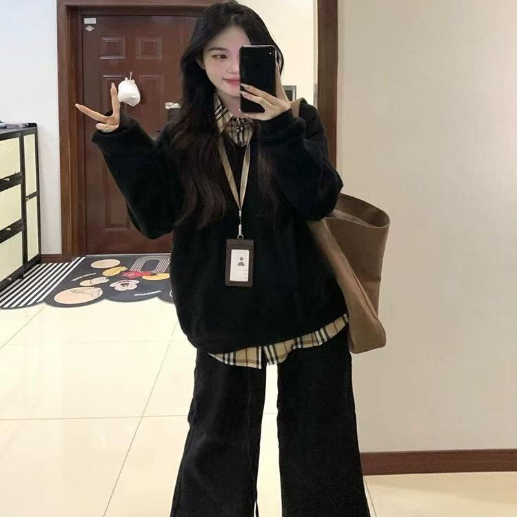 美式高街黑色撞色假两件卫衣女春秋慵懒秋冬加绒加厚长袖上衣外套