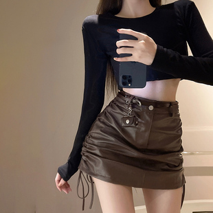 速发棕色小个子包臀皮裙色冬高季腰a字短裙短款抽绳咖秋半身裙
