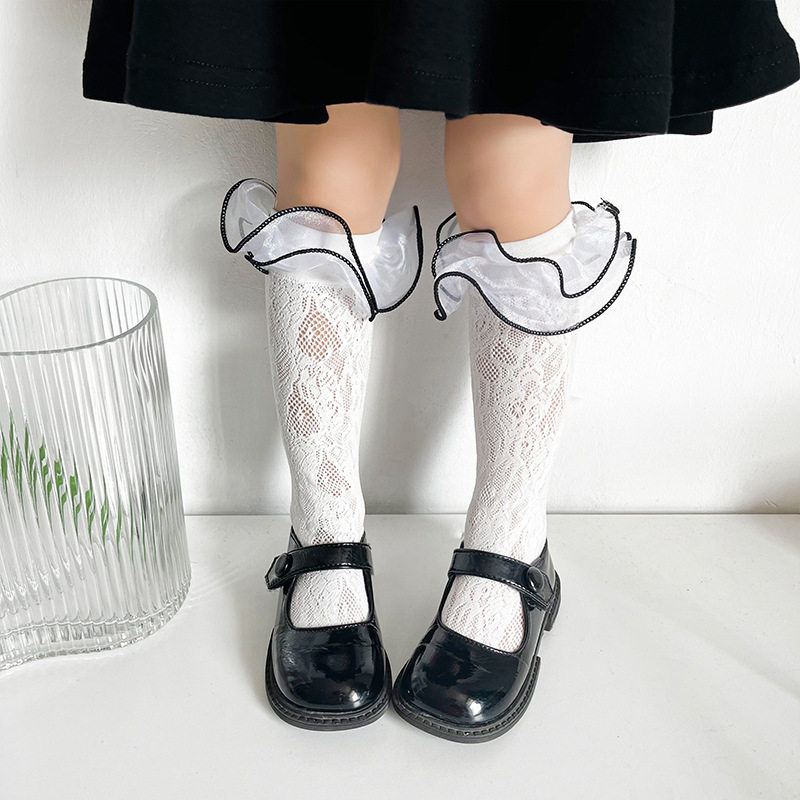 女童袜子春夏棉长筒袜欧根纱大花边小腿袜宝宝公主棉袜子厂家