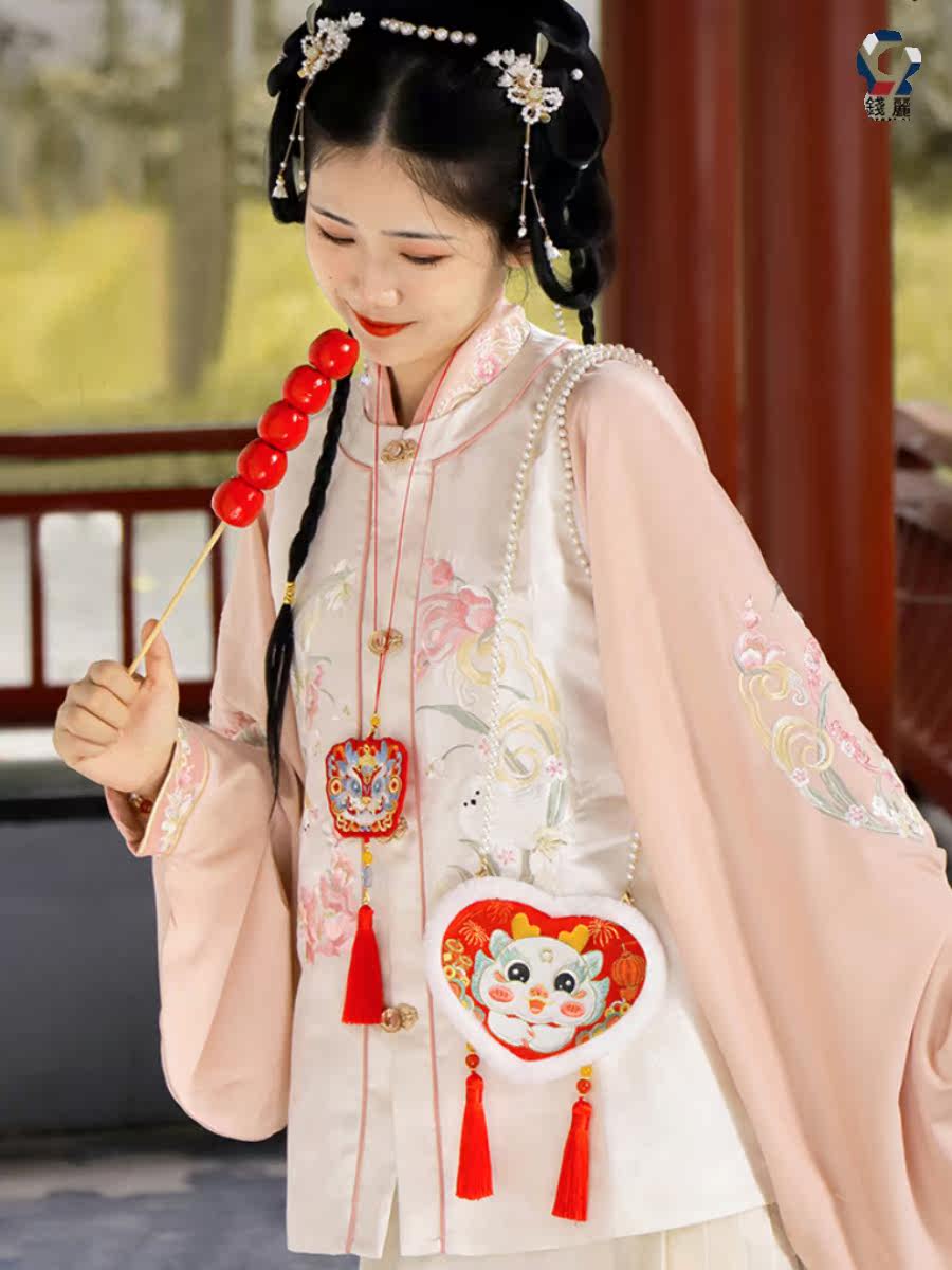 새로운 어린이 HANFU 가방 수 놓은 귀여운 용 고대 스타일의 크로스 바디 백 봉제 가방 HANFU 액세서리 새해 선물
