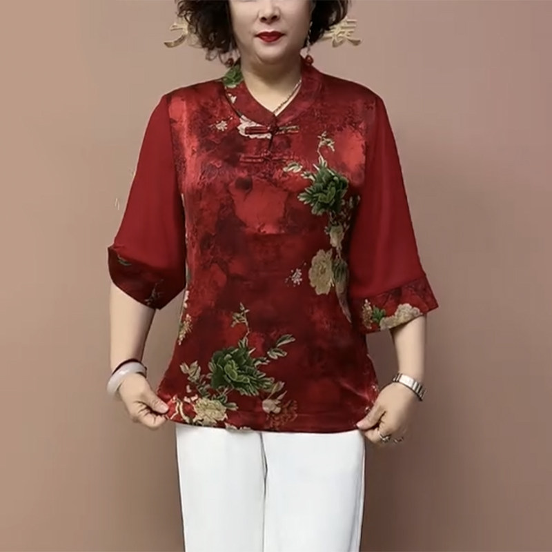 民族风薄款真丝小衫中老年妈妈夏季复古印花盘扣中袖上衣奶奶衬衫