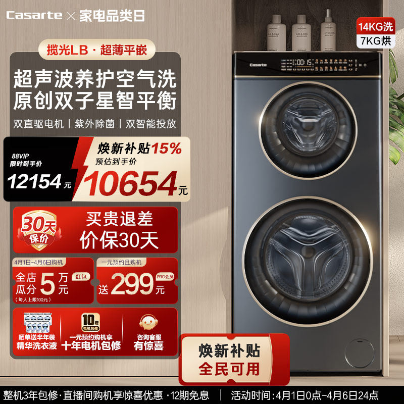 换新补贴【卡萨帝揽光】14kg双子母滚筒分区洗烘一体懒人洗衣机LB