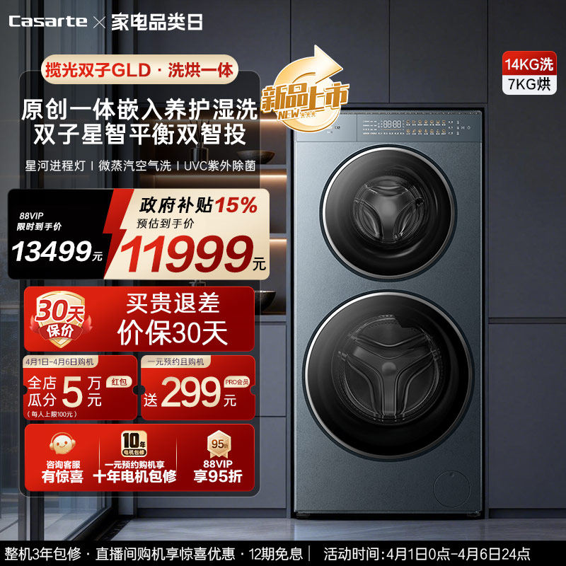 换新补贴【卡萨帝揽光双子GLD】14kg双子滚筒分区洗烘一体洗衣机