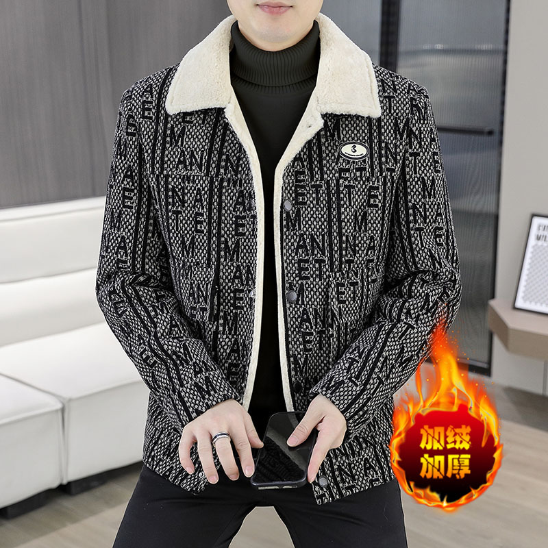 2025冬季加绒毛呢大衣男士外套时尚休闲青年潮牌翻领夹克衫上衣服