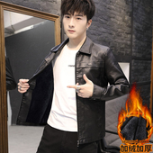 皮衣外套男装 休闲上衣服 青年时尚 加绒加厚秋冬季 翻领PU皮夹克男士
