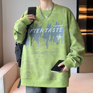 潮牌泼墨印染长袖T恤男时尚休闲学生圆领套头卫衣男士秋季打底衫t