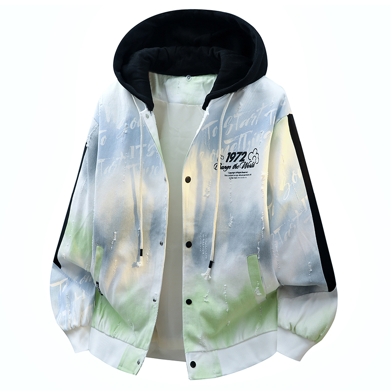 青少年学生渐变色外套男时尚休闲连帽印花潮牌纽扣夹克衫个性帅