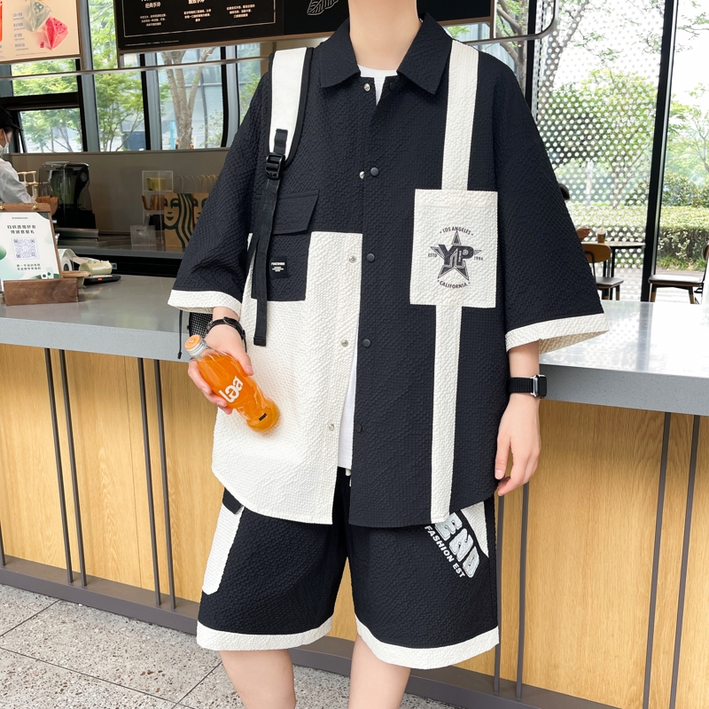 夏季男士短袖衬衫短裤两件套