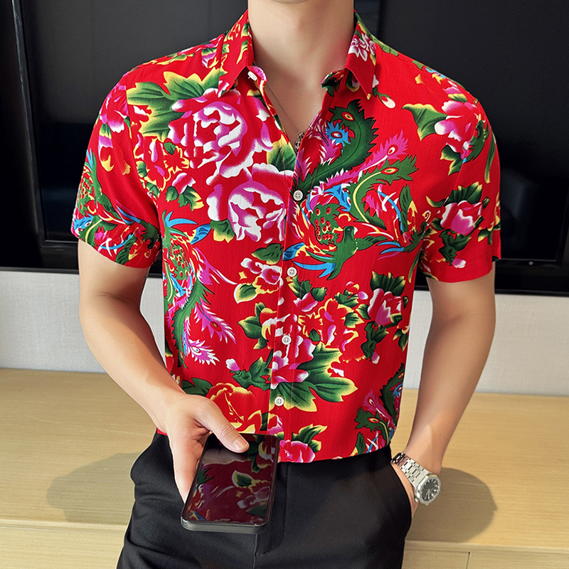 冰丝短袖衬衫男东北大花夏季潮流宽松薄款中国风翻领男装体恤上衣