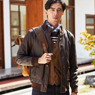 真皮皮衣男士皮夹克A1飞行服时尚复古立领上衣真皮外套