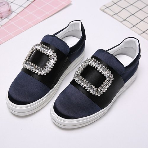 一脚蹬厚底方扣水钻绸缎休闲女鞋