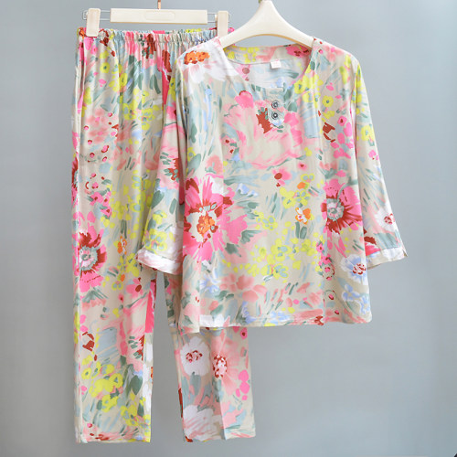 棉绸睡衣女夏季薄款中老年人妈妈宽松绵绸家居服七分袖外出套装
