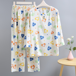 睡衣女夏薄款 棉绸中老年人绵绸家居服宽松7分袖 可外穿人造棉套装